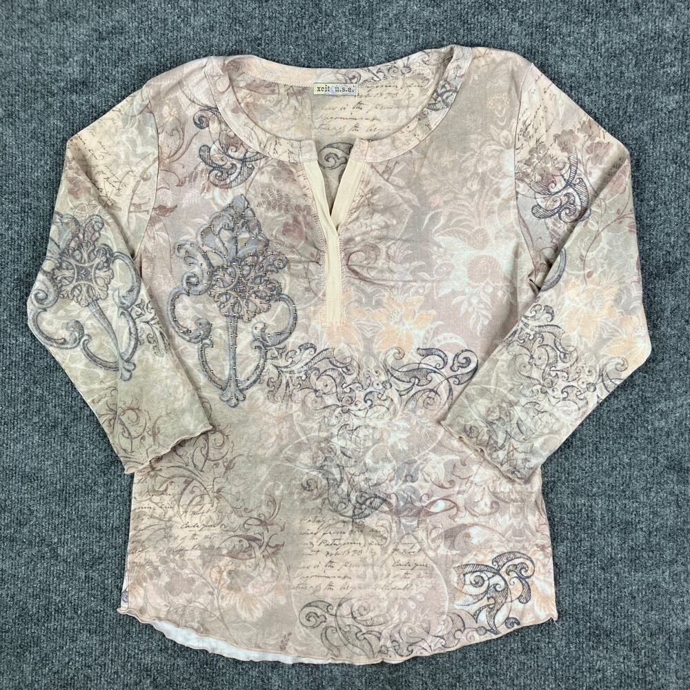 Xcit USA Top Womens Large Beige Floral Print Rhinestone Boho 3/4 Sleeve